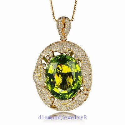 SOLID 14Kt YELLOW GOLD NATURAL FLAWLESS GREEN PERIDOT DIAMOND WEDDING PENDANT - Image 1 of 2