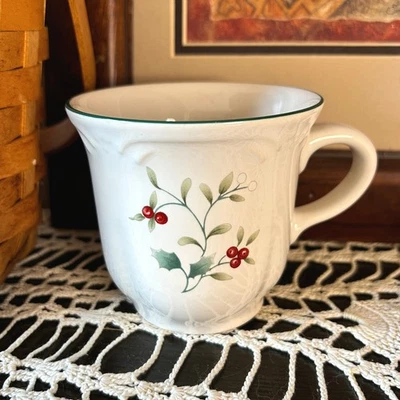 Pfaltzgraff Winterwood Mug White with Holly Berry Green Trim Christmas Holiday - Image 1 of 4