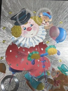Thomas L Cathey Dufex Foil Polychrome Clown On Bicycle Puppy Gold Tone Frame - Picture 1 of 10