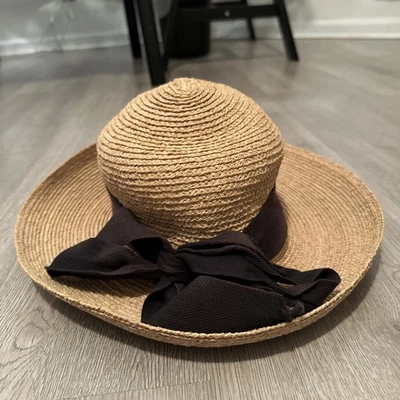 Винтажный 2000-х Helen Kaminki ручной работы 100% Raffia сплетенный шляпа черная лента бант  - Изображение 1 из 4