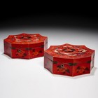 Pair 19th C Japanese Octagonal Cinnabar Lacquer Boxes w/ Butterfly Motifs (2pc)