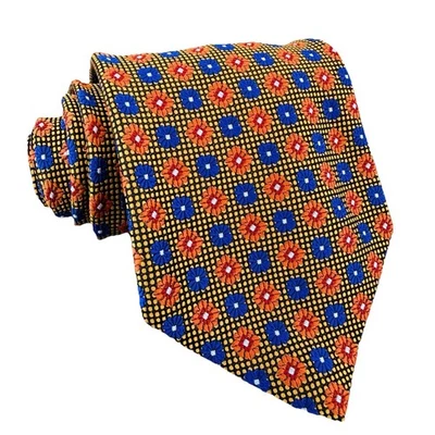Robert Talbott Best Of Class Silk Tie Gold Orange Blue Floral Geometric USA EUC - Image 1 of 4