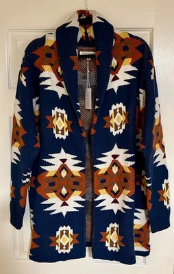 LUCKY BRAND Multi Color SOUTHWEST Tribal OPEN Front KNIT Cardigan SWEATER XL NWT - Image 1 of 4