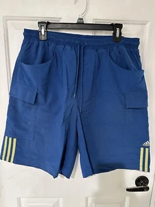 Adidas Polyester Shorts size Medium RN#88387 Blue w/ Pockets Drawstring Elastic - Picture 1 of 4