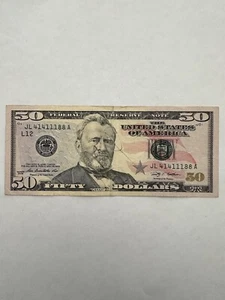 2009 $50 Used fifty dollar U.S. Bill Serial # JL41411188A fancy very cool bill - Picture 1 of 8