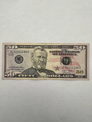 2009 $50 Used fifty dollar U.S. Bill Serial # JL41411188A fancy very cool bill - Image 1 of 4