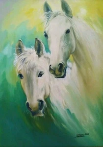 2000 NIGERIAN WALE AJAYI Sd LARGE ORIGINAL OIL on CANVAS TWO WHITE HORSES FRAMED - Picture 1 of 11