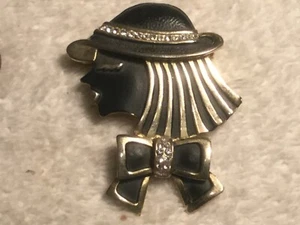 Gold Toned Black Enamel Faced Lady Pin Brooch- Rhinestones - Picture 1 of 5