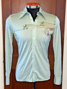 Vintage 70s Citta Europe Craft 2000 Disco Shirt MEDIUM Green Blue Beach Button - Picture 1 of 14