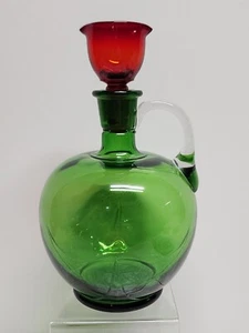 Whiskey Emerald Green Glass Decanter with Red Glass Serving Stopper - Picture 1 of 12