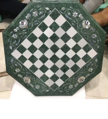 15" Octagon Green Marble Chess Table Inlaid with Mop Floral Marquetry Fine Art - Image 1 of 4