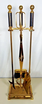 Vintage Elegant Brass & Black Leather Handle Fireplace Tool Set 4 Piece + Stand - Image 1 of 4