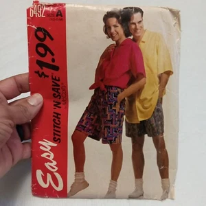 Stitch N Save 6492 Misses, Men's or Teen Boys Shirt Shorts XS-S-M 1993 UNCUT - Picture 1 of 6