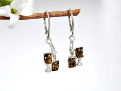 Bernstein Ohrhänger Silber 925 Ohrringe grün gelb echt Sterlingsilber bj180 - Bild 1 von 3