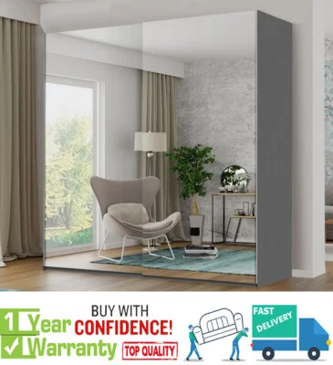 DS STORE ETNA Modern Bedroom FULL MIRROR Sliding Double Door Wardrobe - 3 SIZES - Grey