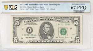 $5 1995 Federal Reserve Note Minneapolis Withrow,Rubin  FW I-A PPQ 67 Graded - Picture 1 of 2