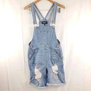Indigo Rein Blue Organic Cotton Distressed Denim Women's Bib Overall Shorts 3/25 - Picture 1 of 12
