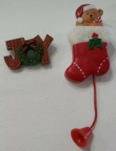 2: Christmas Brooch Pins Bear in Stocking FUN WORLD Pull String & JOY Hallmark ⬇ - Picture 1 of 12