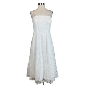 Women's Cocktail Dress by AQUA Size 6 White Sequin Lace Sleeveless A-Line Midi