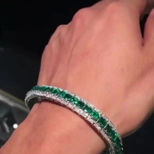 20ctw Cushion Cut Emerald & Diamond 14k White Gold Plated 925 Statement Bracelet - Picture 1 of 6
