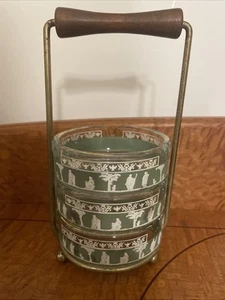 Vintage Jeanette Grün Glas Wedgewood Grecia Aschenbecher Set 3 Aschenbecher & Träger - Bild 1 von 7