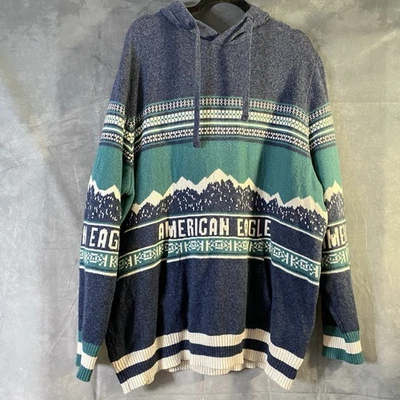 Suéter con Capucha American Eagle Para Hombres XXL Tejido Fair Isle Spellout Azul Foto 1 de 4