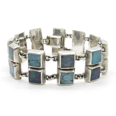 ВИНТАЖНЫЙ БРАСЛЕТ-ЦЕПОЧКА ИЗ СТЕРЛИНГОВОГО СЕРЕБРА 925 ПРОБЫ МЕКСИКАНСКИЙ СИНЕ-ЗЕЛЕНЫЙ ДВУХЪЯРУСНЫЙ С БИРЮЗОВЫМ ЗВЕНОМ - Изображение 1 из 4