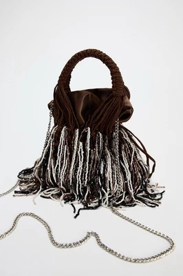 Zara Women Mini Beaded Fringe Bucket Bag Brown 6619/310 New - Image 1 of 4