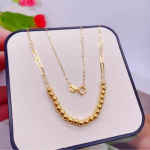 18K Yellow Gold Lucky Transfer beads Chain Necklace Link Choker Women - Picture 1 of 6