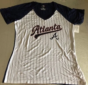 Atlanta Braves V-Neck Pinstripes Jersey Shirt Ladies Medium Majestic MLB - Picture 1 of 2