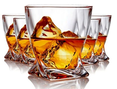 BEZRAT Set of 6 Twist Whiskey Glass - Elegant Lead Free Crystal Old Fashioned Glasses