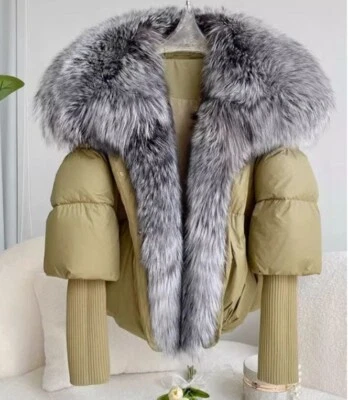 Nuevo abrigo chaqueta de plumón de invierno para mujer talla M plateado cuello y ribete de piel de zorro negro Foto 1 de 3