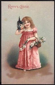 Kind mit Katze und Lilienkorb. Vor 1914 Vintage GEPRÄGT Postkarte - Bild 1 von 1