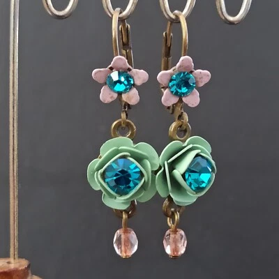 Michal Negrin Earrings Pastels Green Pink 3D Rose Enamel Crystals Romantic Gift - Image 1 of 4