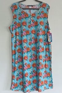 Large/XL New Cotton Aqua Blue Coral White Floral Print Knit Tank Nightgown - Picture 1 of 12
