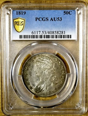 Busto 1819 O-107 R.4 PCGS AU53 meio dólar - Escudo de ouro PCGS - Resistente!!! - Imagem 1 de 3