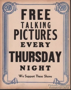1930's 11 x 14 Free Talking Pictures Cardboard Promotional Sign - Picture 1 of 1