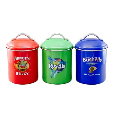 Farmhouse Metal Enamel Retro Kitchen Canisters Arnotts Rosella Bushells Set of 3 - Image 1 of 2