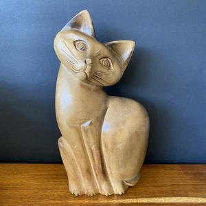 Mid Century Modern 12” Wooden Siamese Cat Figurine Vintage Carved Wood MCM Cats - Picture 1 of 9