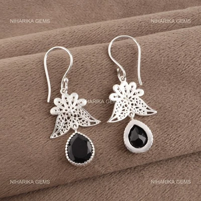 925 Argento Pera Onice Nera Gemma Pendente Gancio Radice Chakra Natale Orecchini - Immagine 1 di 4