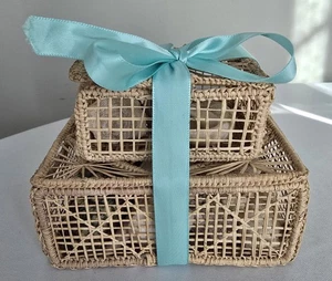 2 Trinket Box Iraca Palm Hand Woven Straw 5" 3.5" Boxes With Seashells - Picture 1 of 6