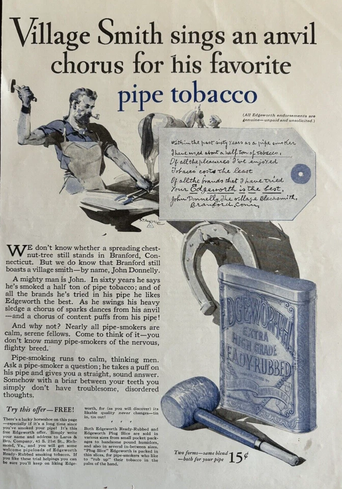 1929 Edgeworth Pipa Tobacco Anvil Village Smith anuncio impreso vintage de alto grado Foto 1 de 1