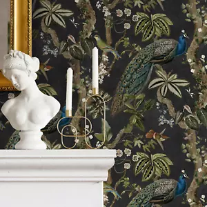 Charcoal Peacock Woods Wallpaper Green Floral Design Mulit Birds Feature Wall - Picture 1 of 5