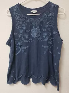 Women's Sundance Linen Blue Floral Embroidered Tank Shirt -- Size PS - Picture 1 of 12
