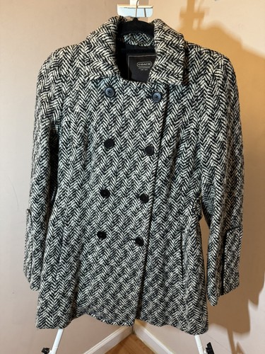 Cappotto Pea da donna Coach lana mohair nero bianco con bottoni taglia 2 leggermente indossato