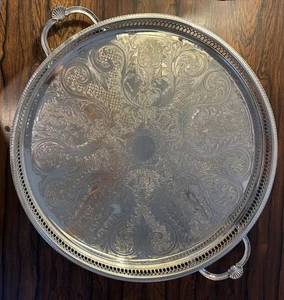 Antique Galleried Circular Butler Tray Chevalier Silver Plate 37cm Diameter - Picture 1 of 5