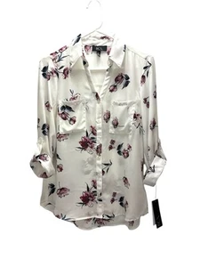 New BCX Floral Button-Down Blouse With Roll-Up Sleeves Medium White Pink Sheer - Picture 1 of 11