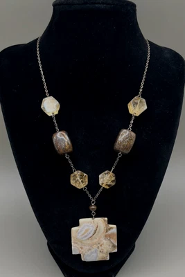 Vintage Handcrafted Natural Stone Cross Pendant Sterling Silver Necklace 925 - Image 1 of 4