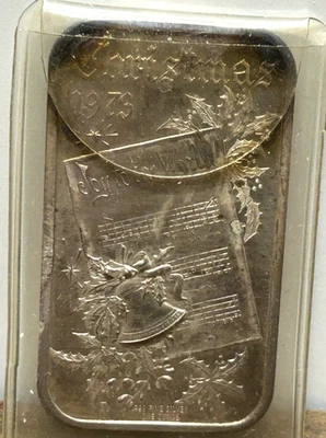 Barra de arte "Navidad" vintage 1973 1 oz plata fina Madison Mint Foto 1 de 2