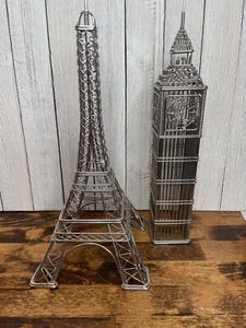 Conjunto de 2 figuras de estatua de hito europeo Torre Eiffel Big Ben alambre de plata - Imagen 1 de 5